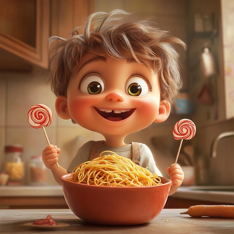 小男孩拿着糖果意面碗
