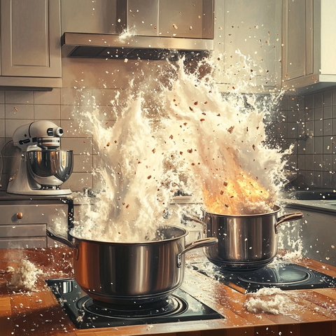 沸腾的锅具与飞溅的食物