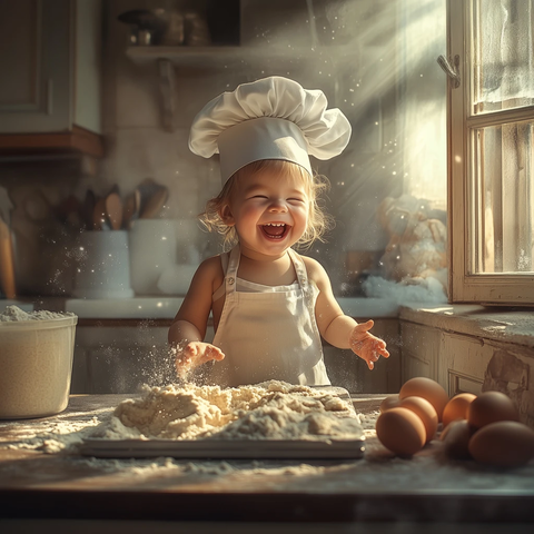 小厨师站在凳子上做饼干