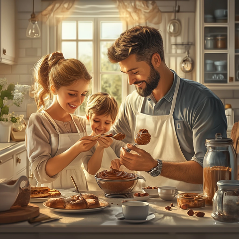 家人共食榛果酱的温馨时刻