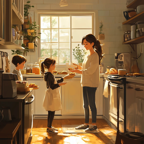 母亲指导孩子准备午餐