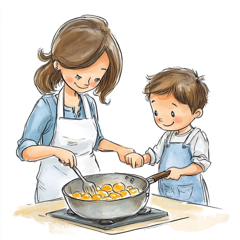妈妈煎蛋儿子陪伴