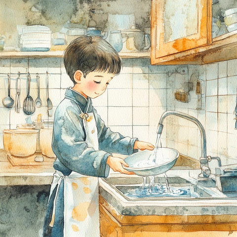 男孩洗碗厨房水彩插画