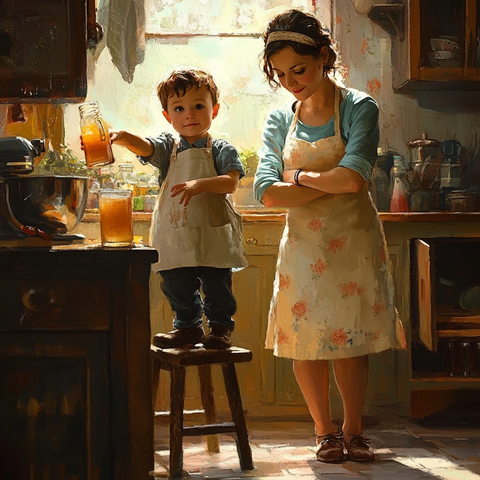 孩子倒饮料母亲厨房陪伴