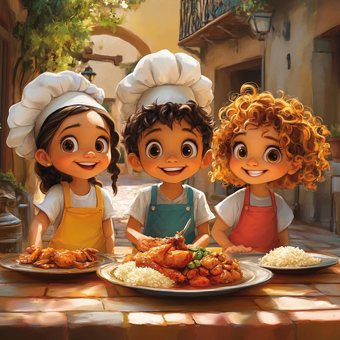 三个孩子戴厨师帽做西班牙菜