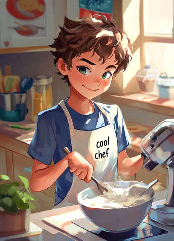 男孩烹饪微笑手持食谱书