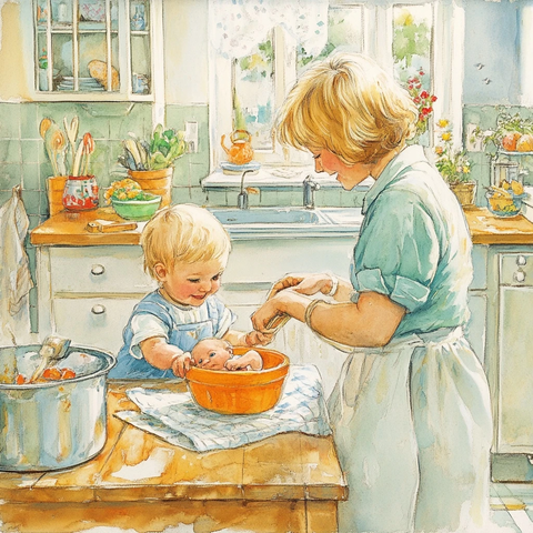 男孩与妹妹玩耍妈妈在厨房