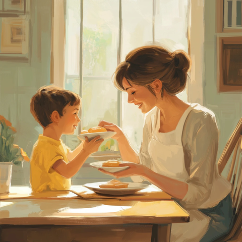 母亲餐桌喂儿子早餐