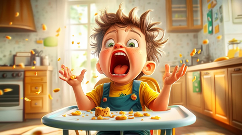 岁孩童高椅上尖叫散落食物