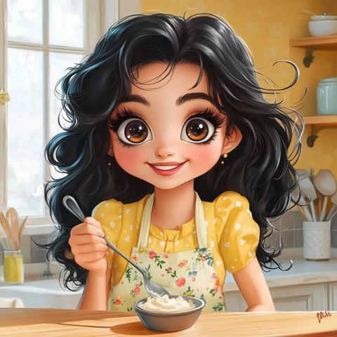 黄衣女孩持勺厨房插画