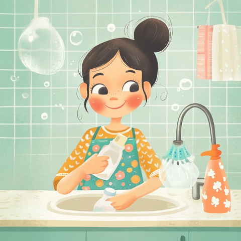 母亲清洗奶瓶的温馨场景