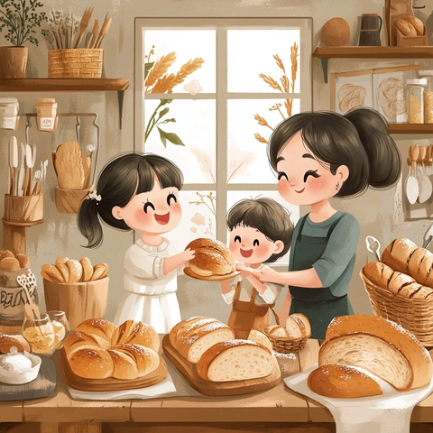 家庭儿童共享面包时光