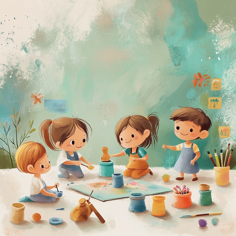 儿童陶艺与草地绘画场景