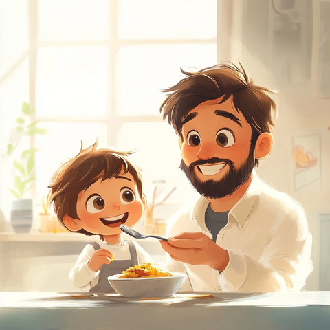 叔叔喂小侄子吃饭