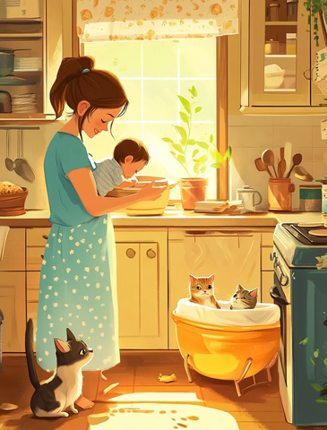 妈妈烘焙宝贝熟睡猫咪玩耍