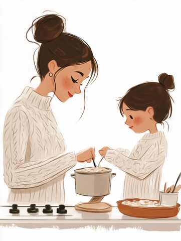 妈妈与孩子厨房制作燕麦