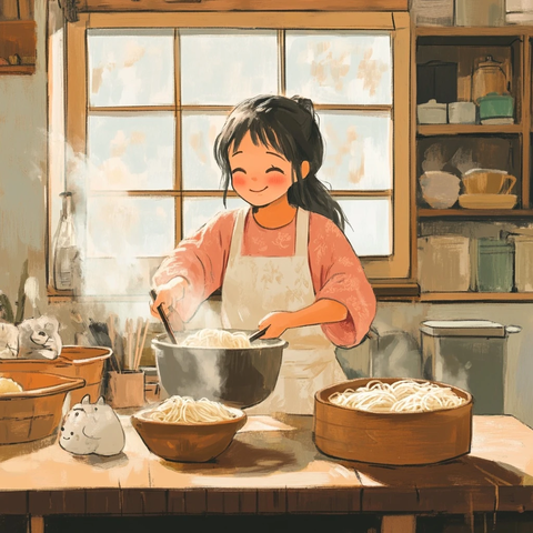 女人煮米粉的温馨场景