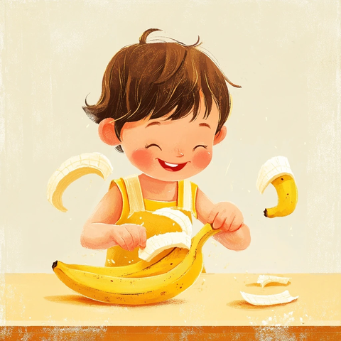 小孩剥香蕉桌面插画