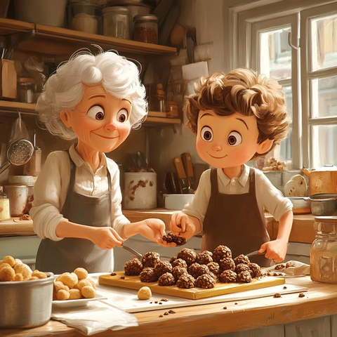 男孩与奶奶制作巧克力球