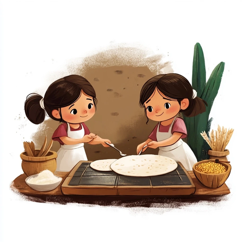 女孩手工制作玉米饼的卡通画