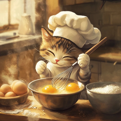 猫厨师用打蛋器搅拌蛋液