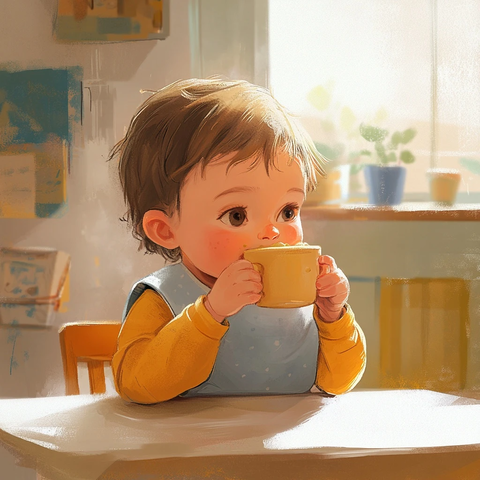 幼儿用杯喝汤戴围嘴