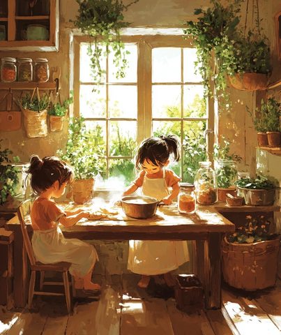 母亲煮饭孩子揉面团