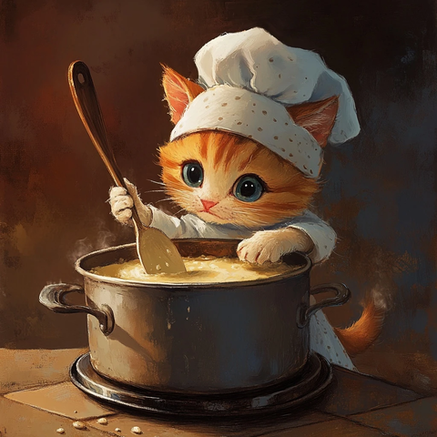 小猫厨师搅拌粥锅