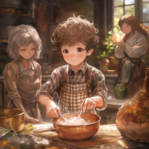 男孩穿围裙搅动铜碗