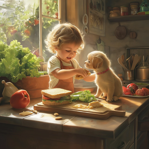 小孩与小狗一起做三明治