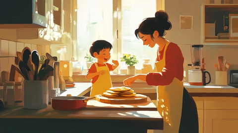 母子早餐做煎饼