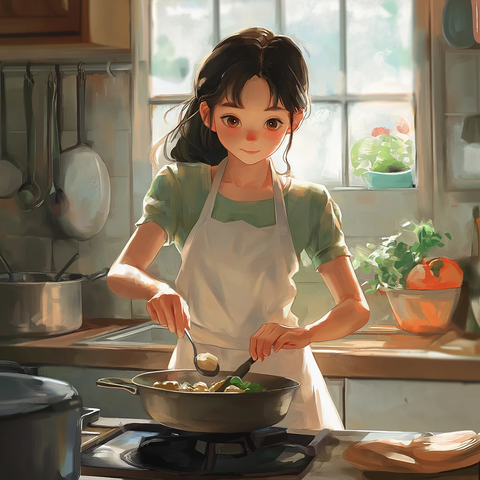 女孩回家做菜给妈妈