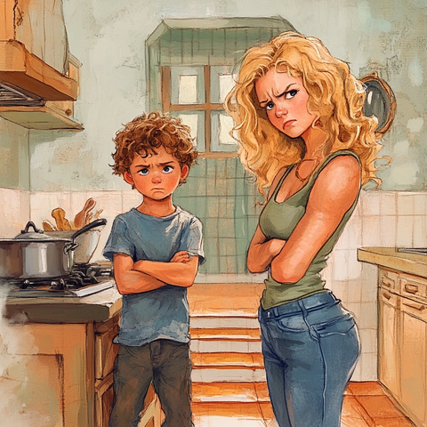 妈妈做饭男孩下楼