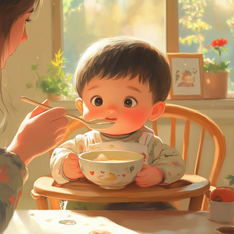 宝宝坐在高椅上母亲喂食