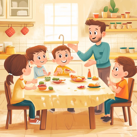 孩子们围桌听故事欢乐气氛