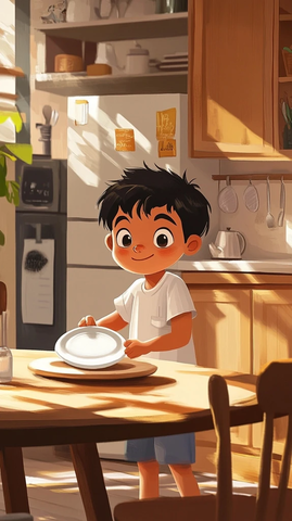 男孩摆放餐具准备家庭晚餐