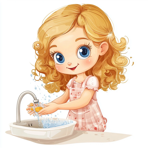 小女孩洗手插画