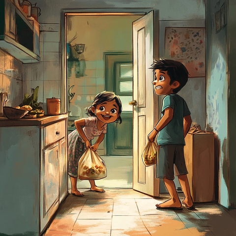 兄妹偷偷拿零食姐姐放风