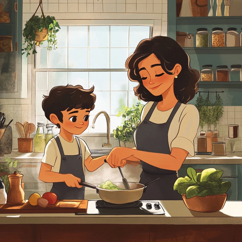 妈妈与儿子厨房烹饪