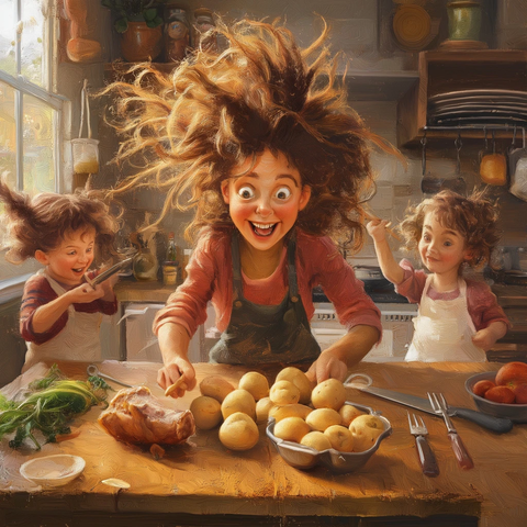 母子厨房准备丰盛晚餐