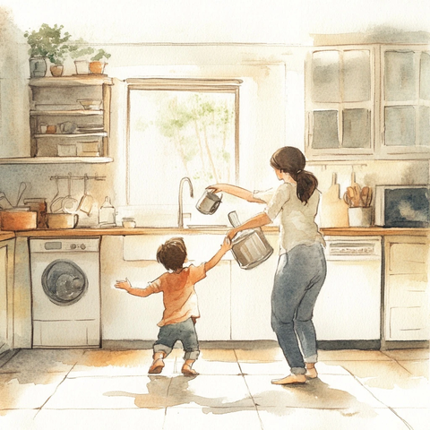 家长与孩子厨房跳舞洗碗