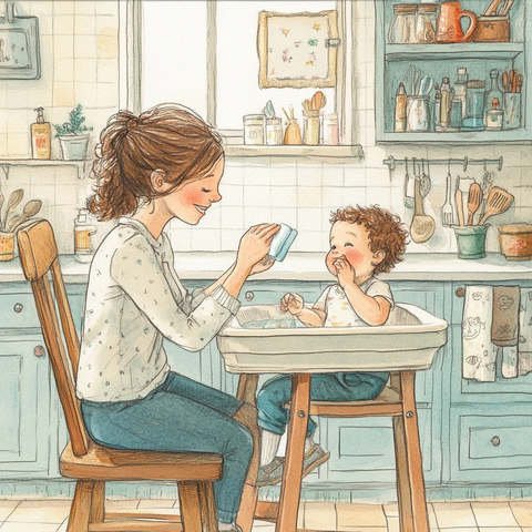 母亲用毛巾为孩子在厨房洗脸