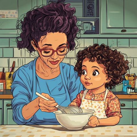 小女孩与外婆一起搅拌碗