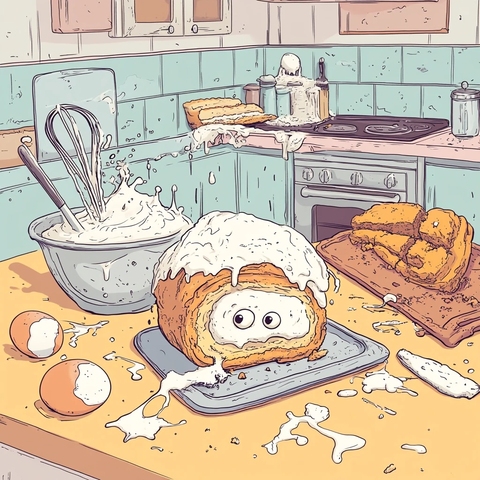 瑞士卷蛋糕奶油溢出厨房混乱