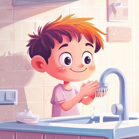 小男孩洗手插画