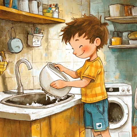 橄榄球男孩洗碗的温馨瞬间