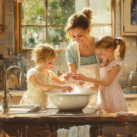 妈妈与孩子一起洗碗