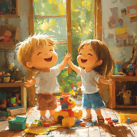 兄妹玩耍玩具温馨场景