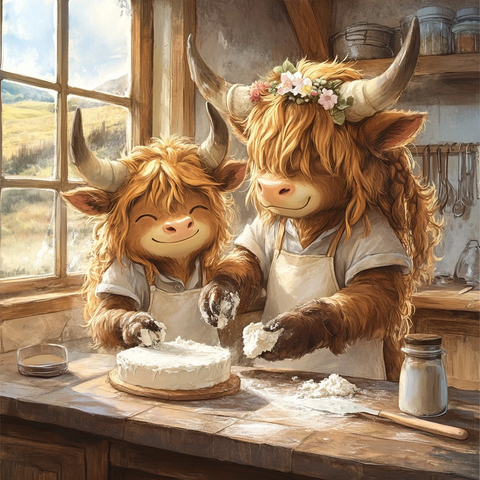 苏格兰高地牛姐弟烹饪蛋糕
