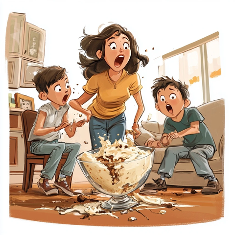 妈妈打翻甜点玻璃碗破碎